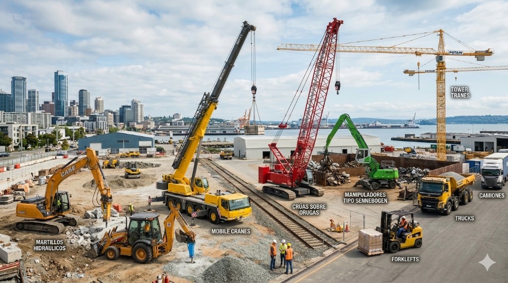 Obra industrial y puerto: martillos hidráulicos, grúas móviles, grúas sobre orugas, manipuladores, torres grúa, camiones y montacargas